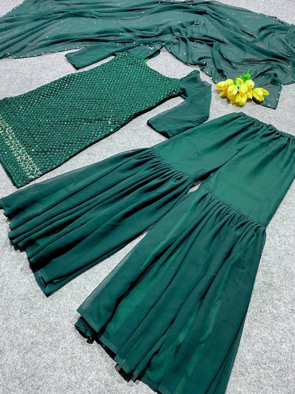 Green Colour Embroidered Attractive Party Wear Faux Georgette Top Plazzo has a Regular-fit and is Made From High-Grade Fabrics And Yarn.