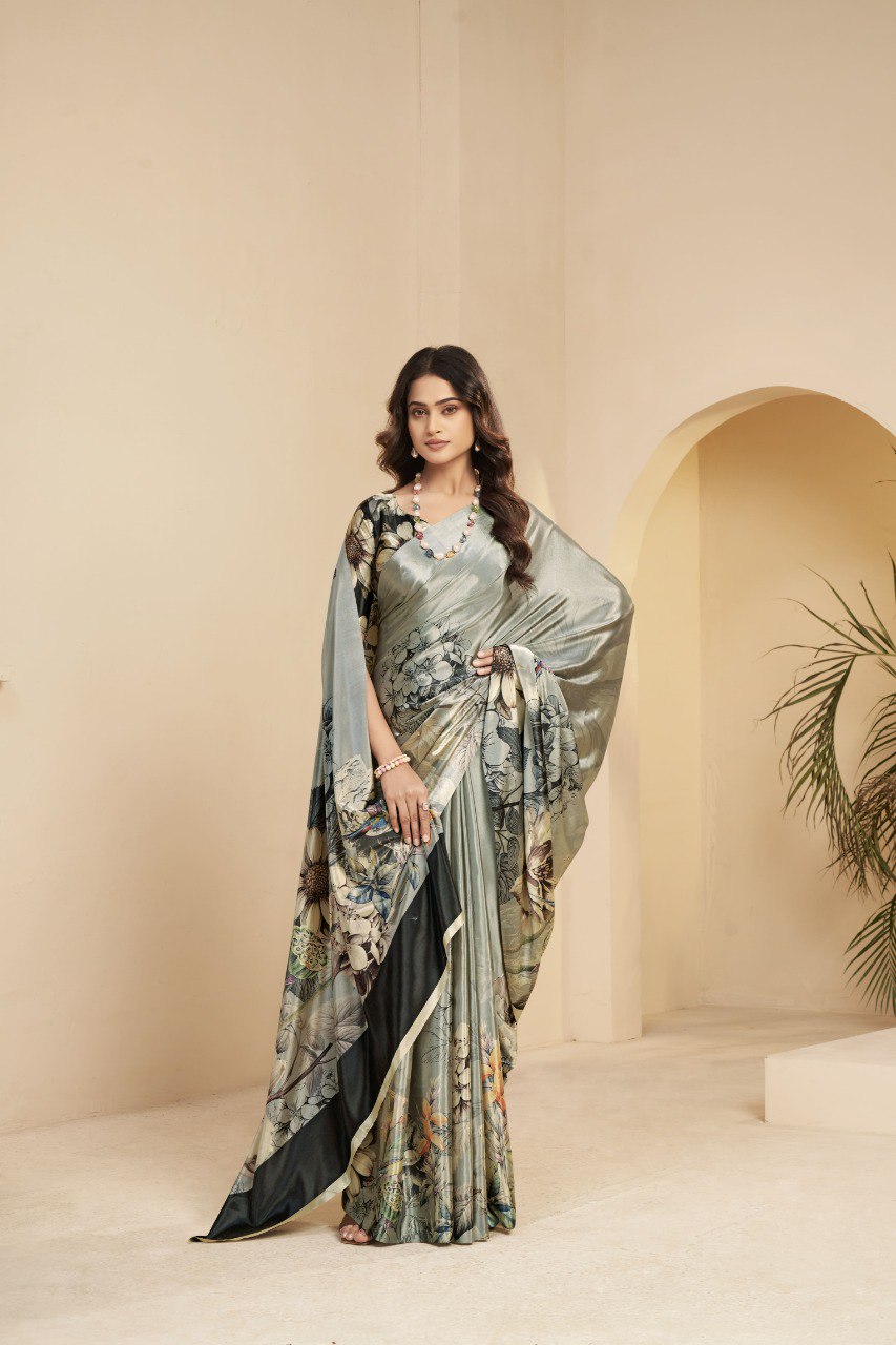Premium Malai Crepe Soft Silk Saree featuring a modern digital floral print with a graceful fall and elegant party-wear appeal. Designed to give a classy yet contemporary look, perfect for festive and celebration wear.
