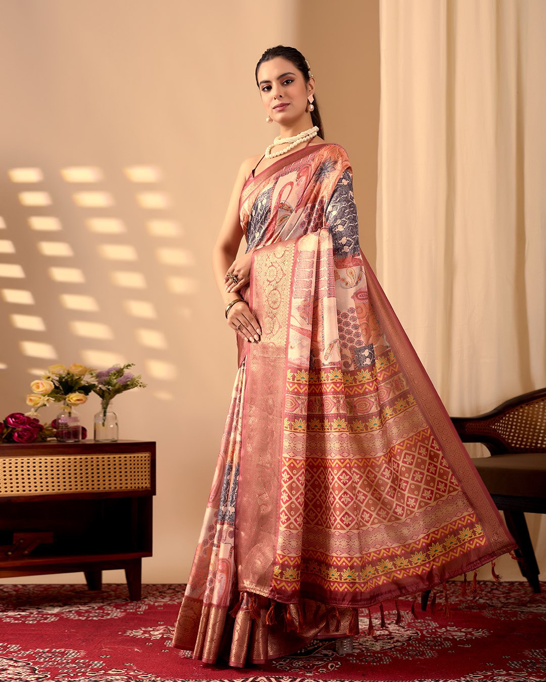 Premium Soft Lichi Silk Saree in an Elegant Peach & Multicolor Shade, beautifully adorned with Traditional and Artistic Digital Prints.