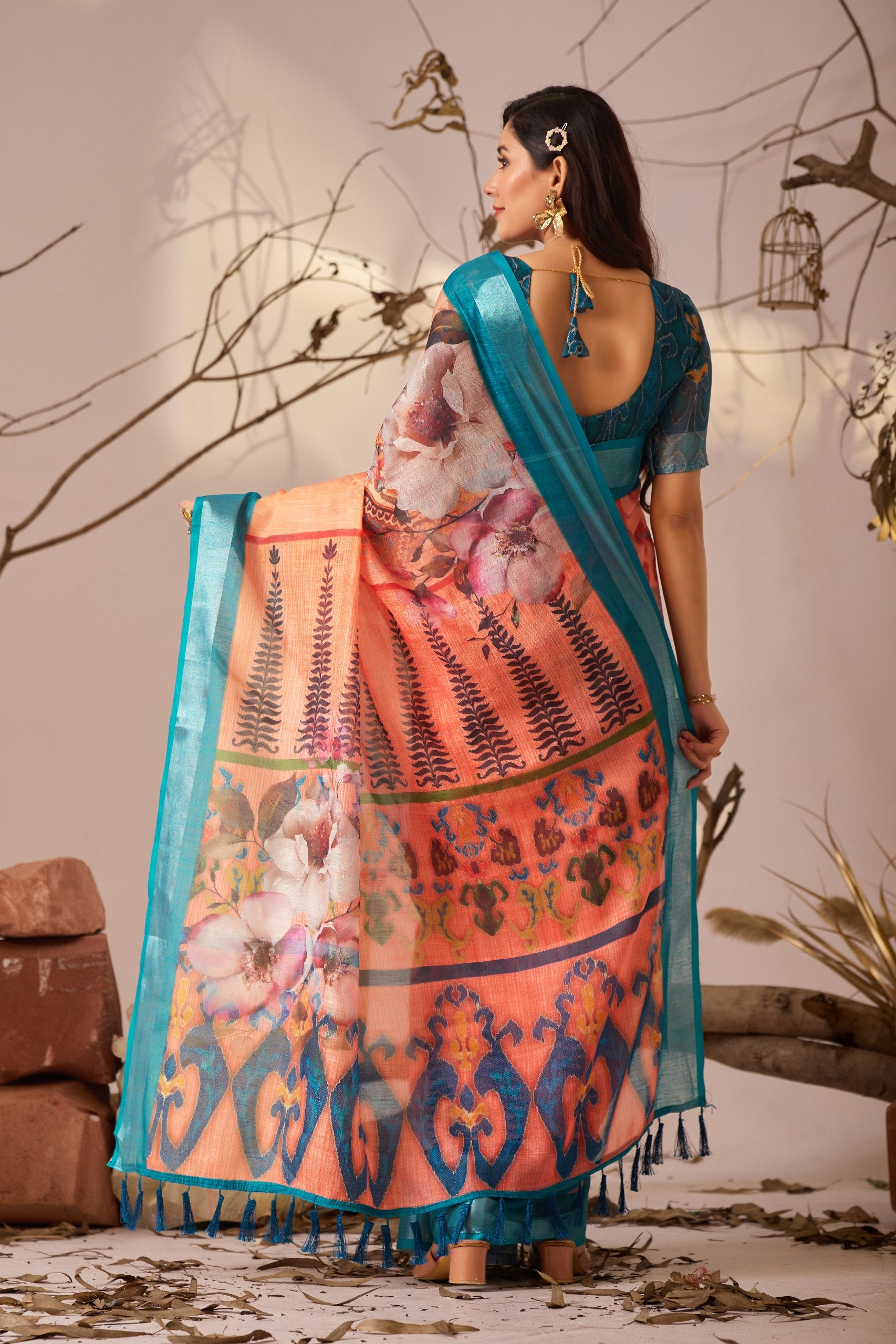Premium Linen Cotton Saree with Elegant Digital Floral & Leaf Print & Classic Contrast Patola Style Border