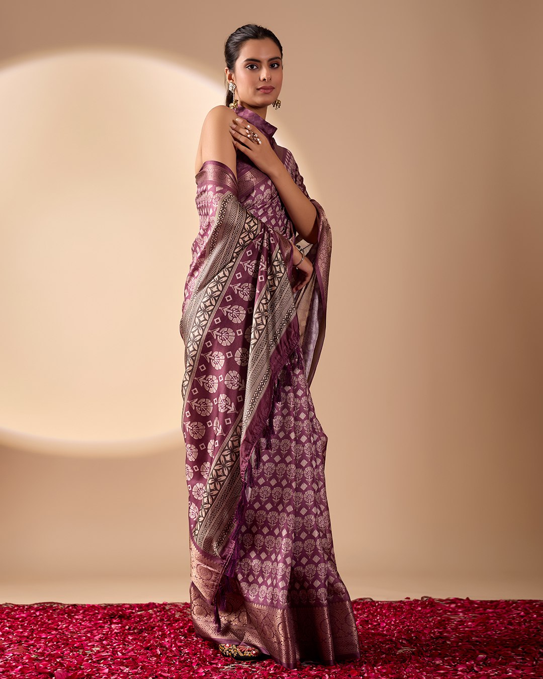 Regal Soft Lichi Silk Saree adorned with intricate digital ethnic weaving motifs and a luxurious golden zari border.