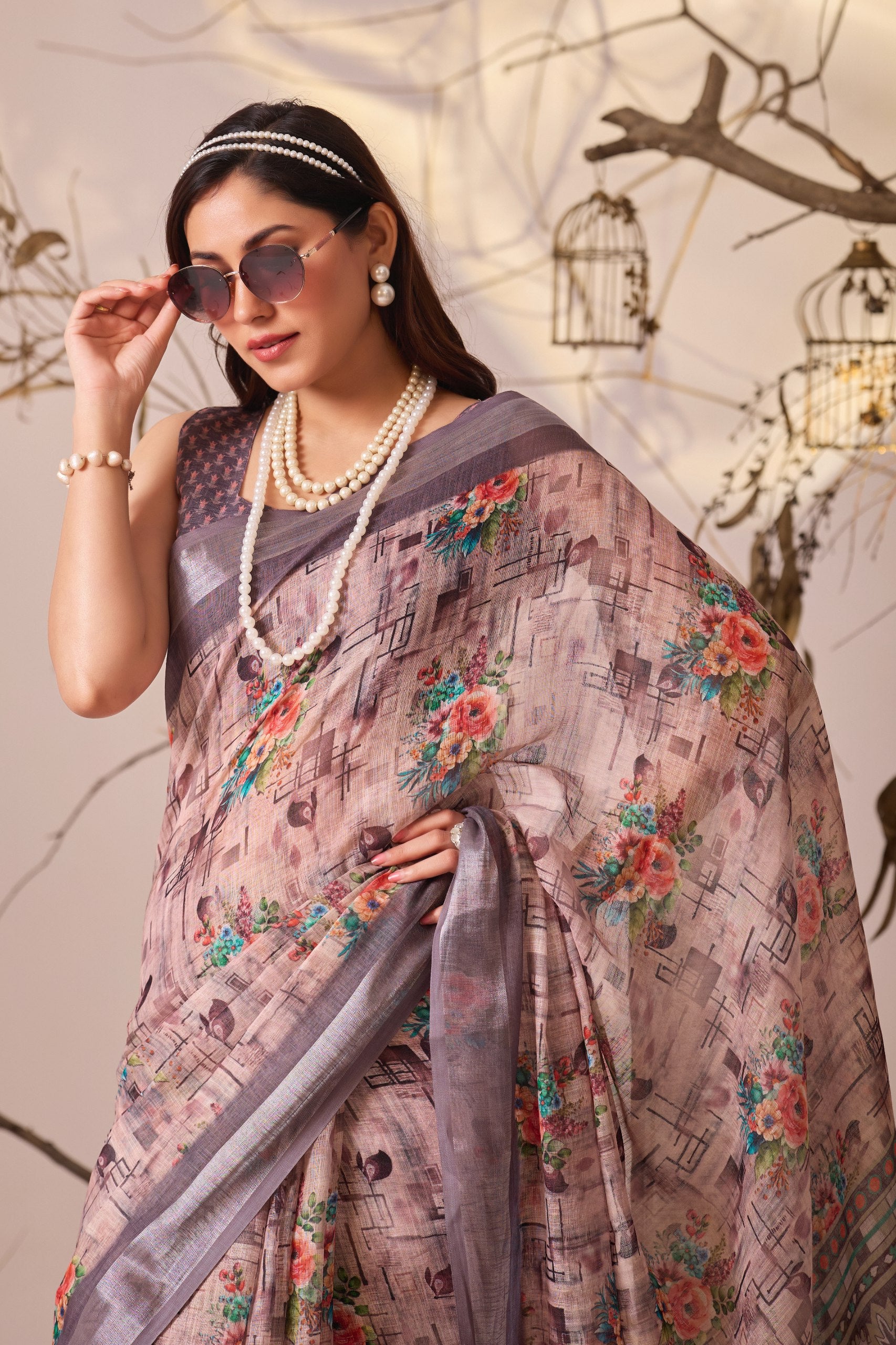 Premium Linen Cotton Saree with Elegant Digital Floral & Geometric Print & Classic Contrast Patola Style Border