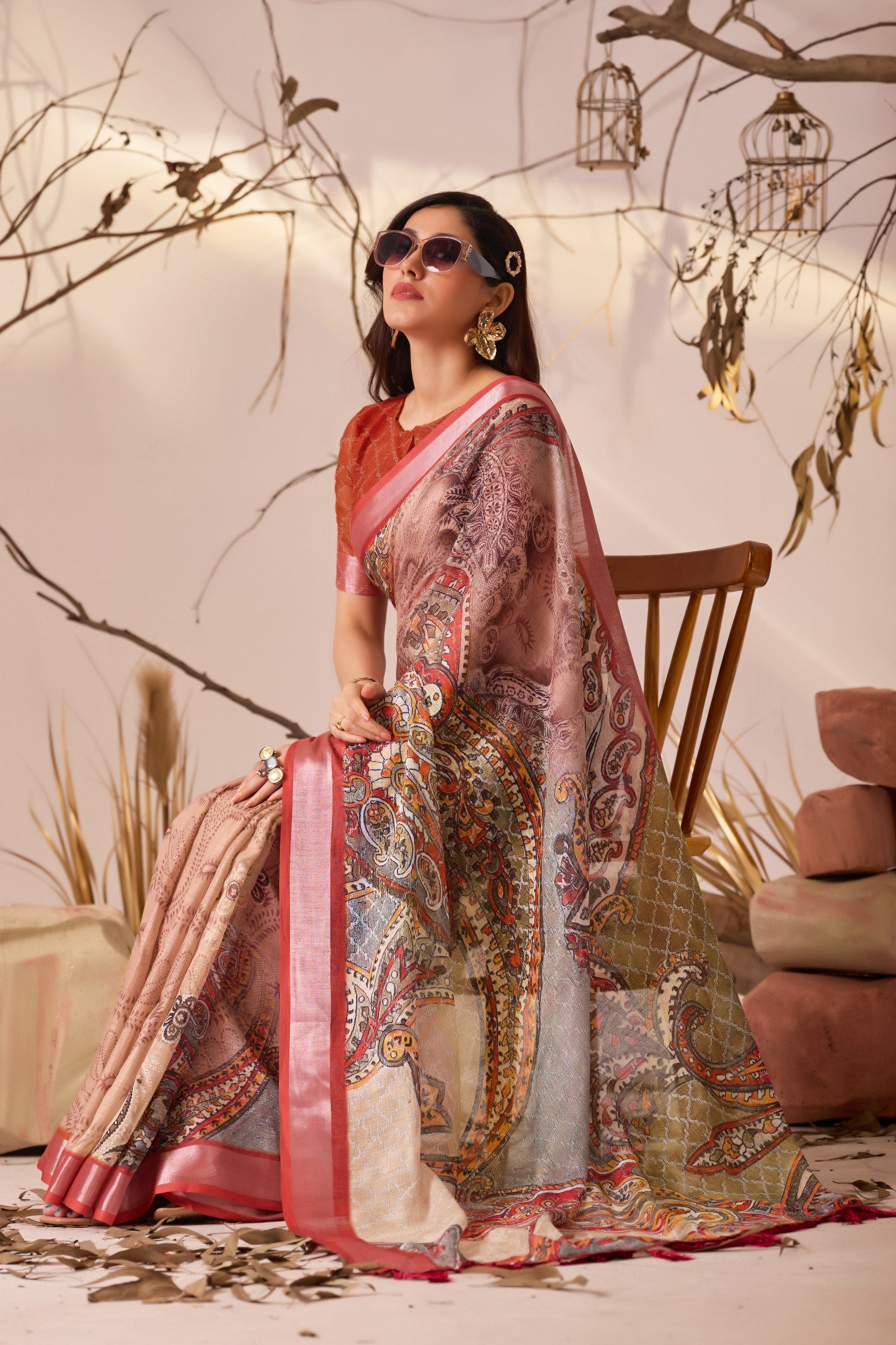 Premium Linen Cotton Saree with Elegant Digital Paisley Print & Classic Contrast Patola Style Border