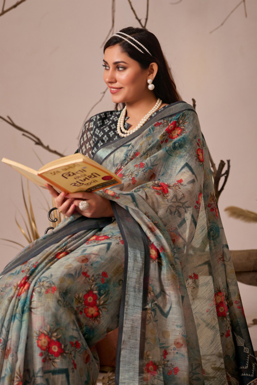 Premium Linen Cotton Saree with Elegant Digital Floral & Royal Ethnic Print & Classic Contrast Patola Style Border