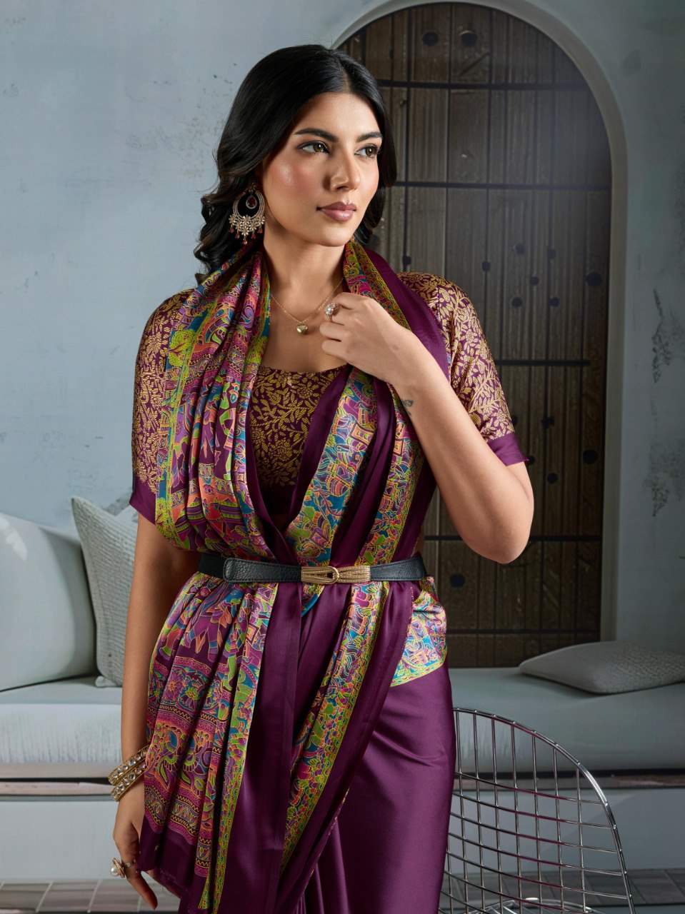 Pure Ajrakh modal satin fabric featuring traditional printed motifs with rich, earthy tones and a soft, breathable feel, perfect for all-day elegance.