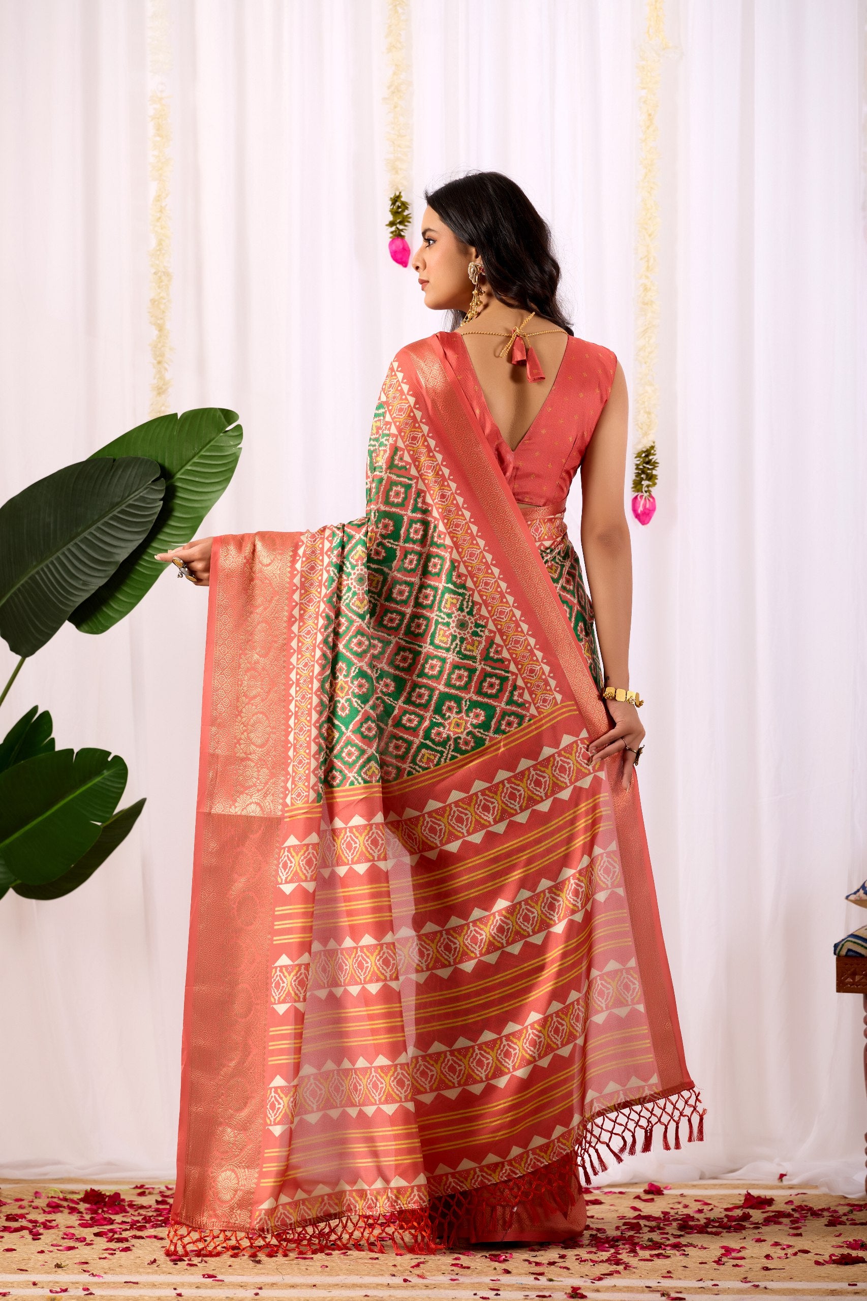 Soft Lichi Silk Saree with Exquisite Patola-Inspired Geometric Print and a Lavish Zari Woven Border