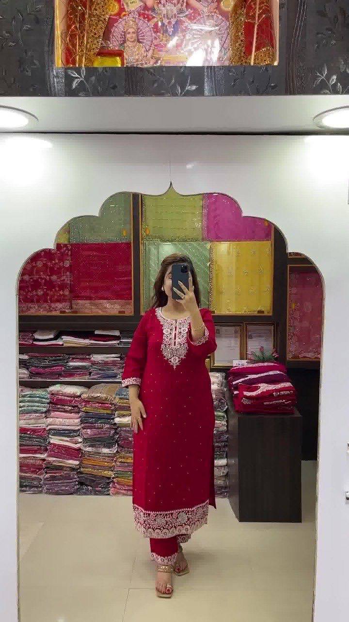 NEW  colour 3-pair Suit Set you've described seems to be a party wear outfit made from have pure chinon  fabric with multi colour embroidery work .(3-Pair)
