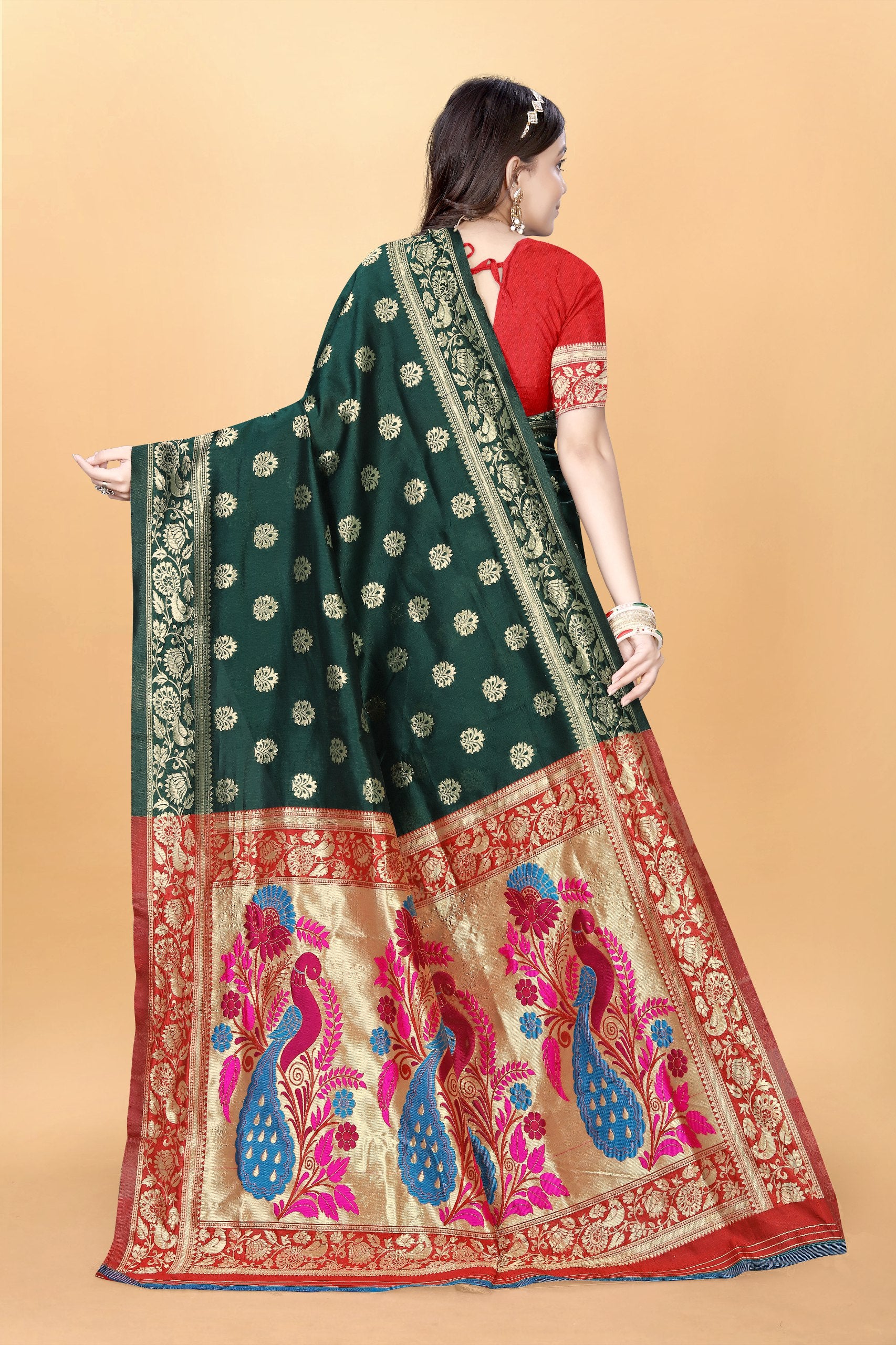 Majestic Banarasi Silk Saree with Dual Peacock Pallu and Zari Detailing