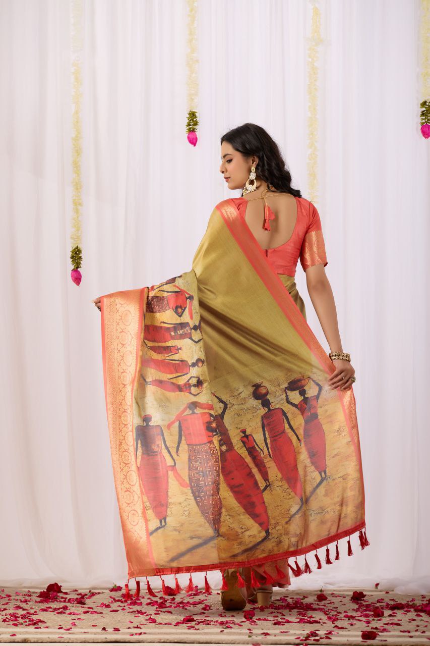 Soft Lichi Silk Saree with Elegant Tribal Art Print and Rich Zari Border