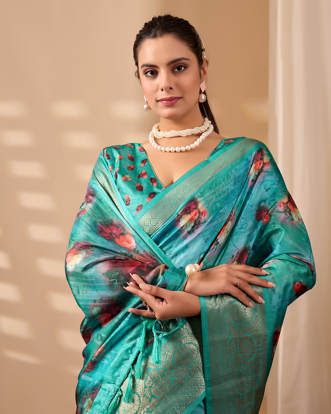 Elegant Soft Lichi Silk Saree adorned with digital floral patterns and a rich golden zari border.