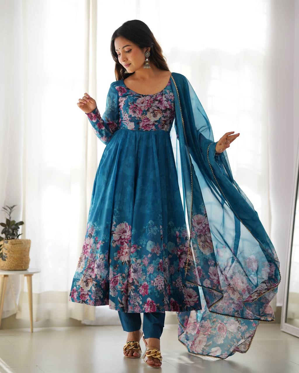 Floral Print Organza Three Piece Anarkali Suit
