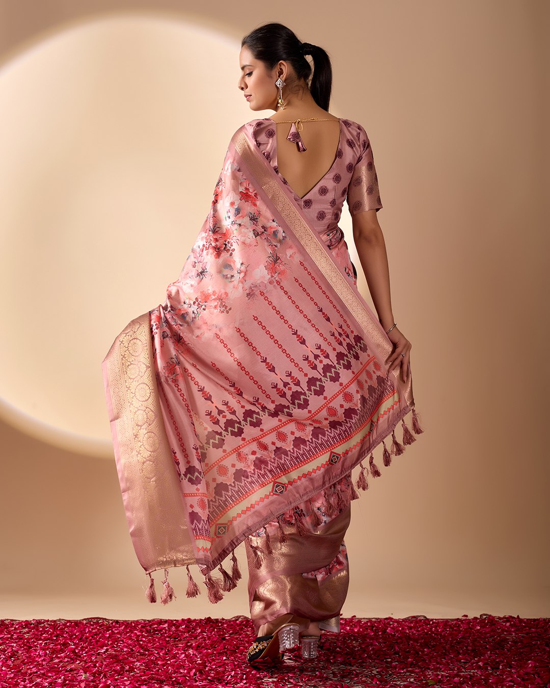 Gorgeous Soft Lichi Silk Saree with enchanting digital floral prints and a rich golden zari border.