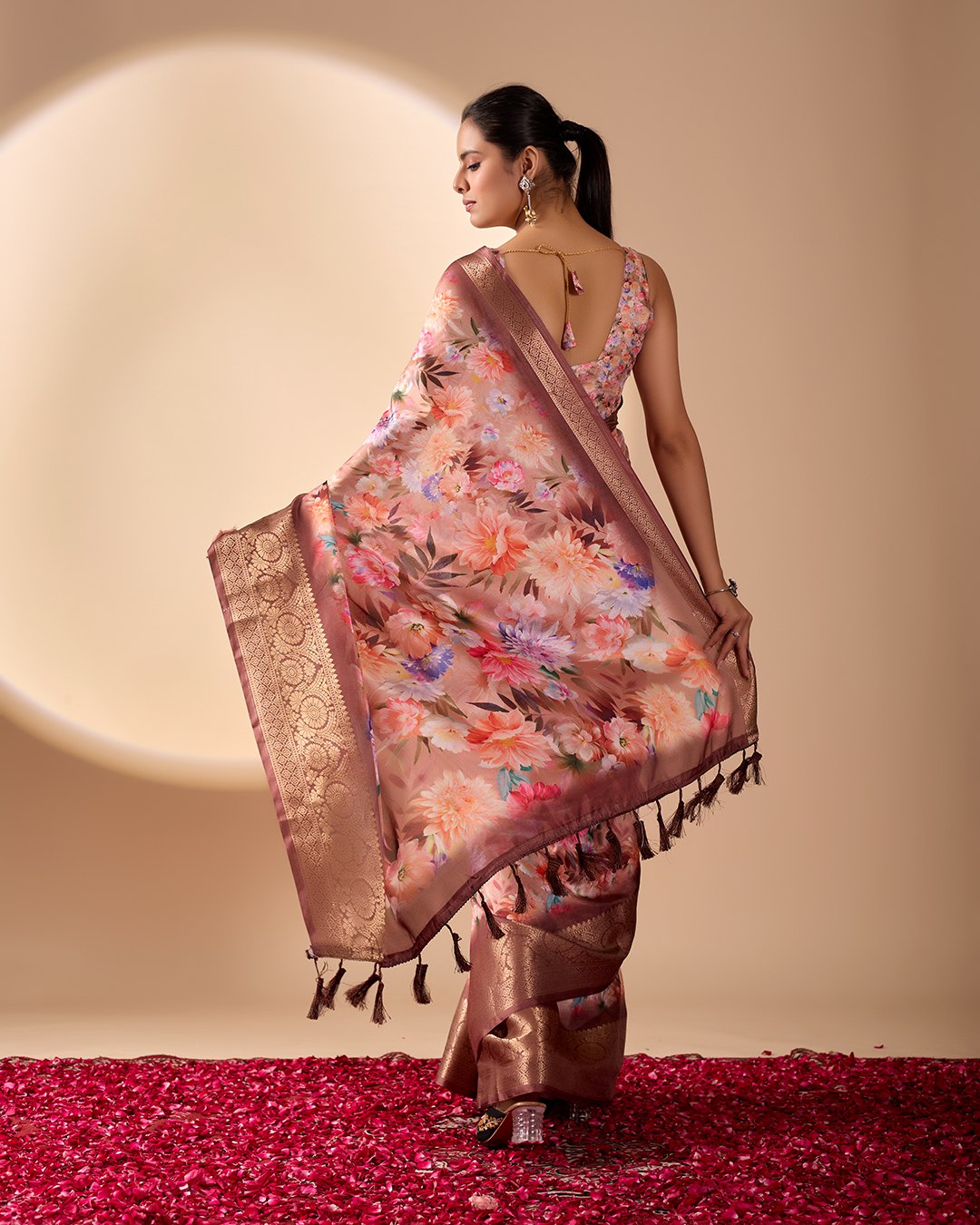 Elegant Soft Lichi Silk Saree featuring mesmerizing digital floral patterns and a rich golden zari border — the perfect blend of vintage charm and modern sophistication.