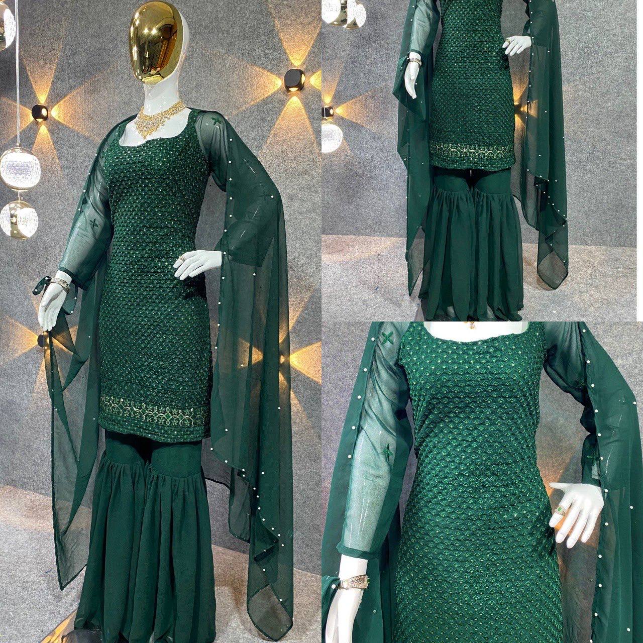 Green Colour Embroidered Attractive Party Wear Faux Georgette Top Plazzo has a Regular-fit and is Made From High-Grade Fabrics And Yarn.