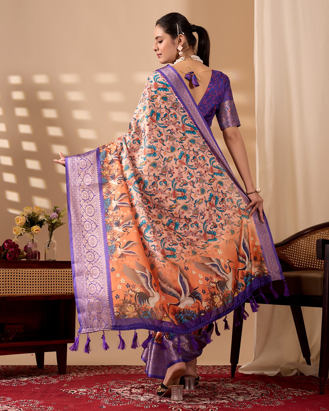 Elegant Soft Lichi Silk Saree featuring exquisite digital ethnic motifs and a royal purple golden zari border.