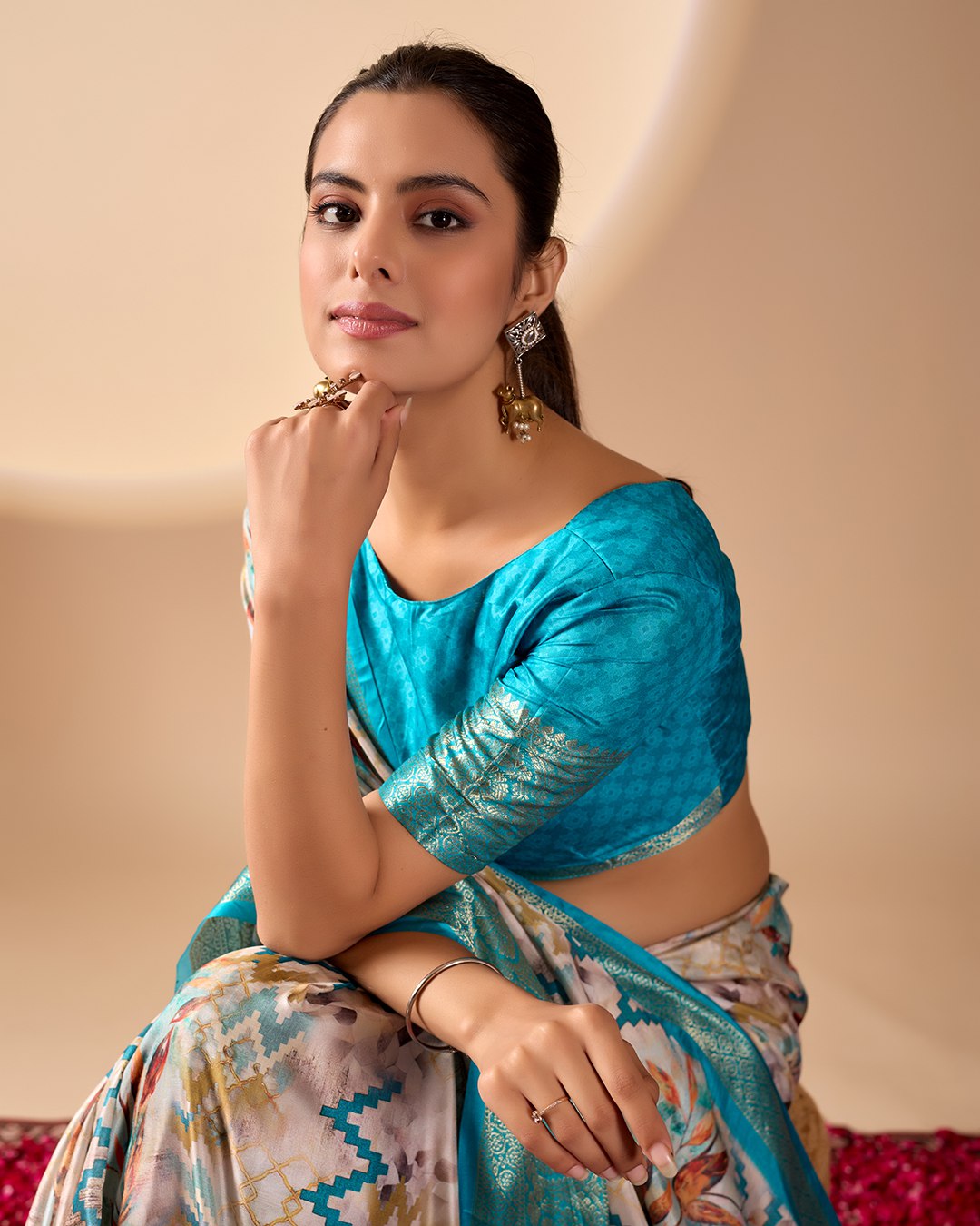 Soft Lichi Silk Saree featuring an Exquisite Combination of Modern Digital Print and Rich Traditional Zari Woven Border.