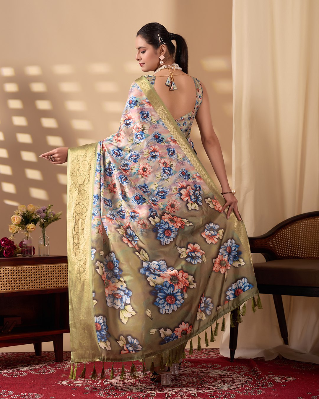 Elegant Soft Lichi Silk Saree adorned with mesmerizing digital floral patterns and a rich golden zari border