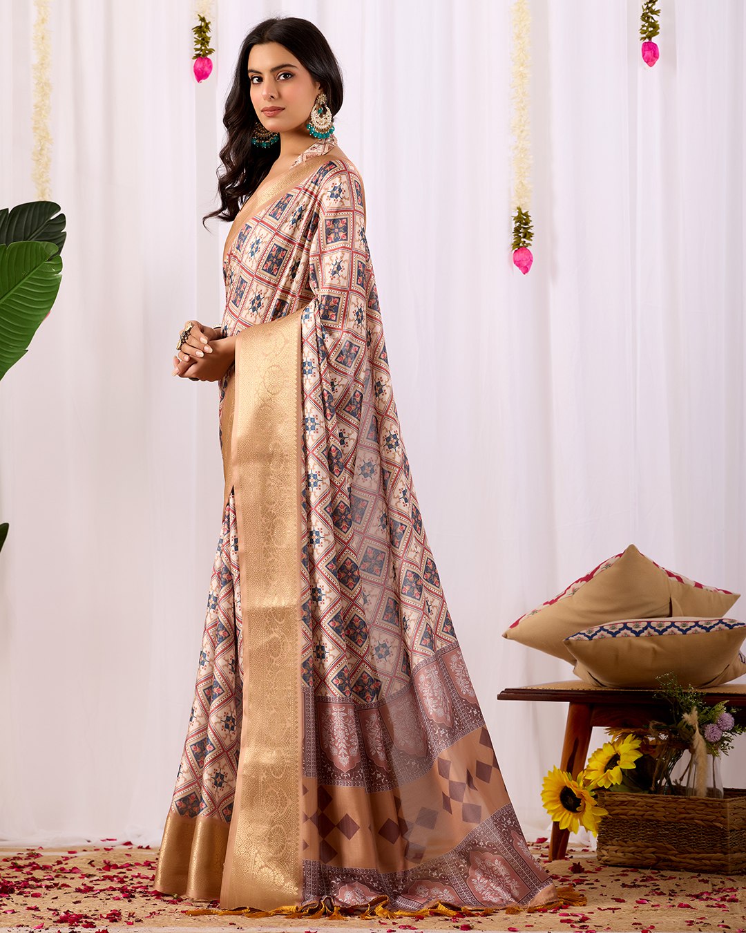 Premium Soft Lichi Silk Saree featuring elegant traditional geometric patterns, beautifully enhanced with a luxurious golden zari woven border — a graceful choice for every festive or formal occasion.