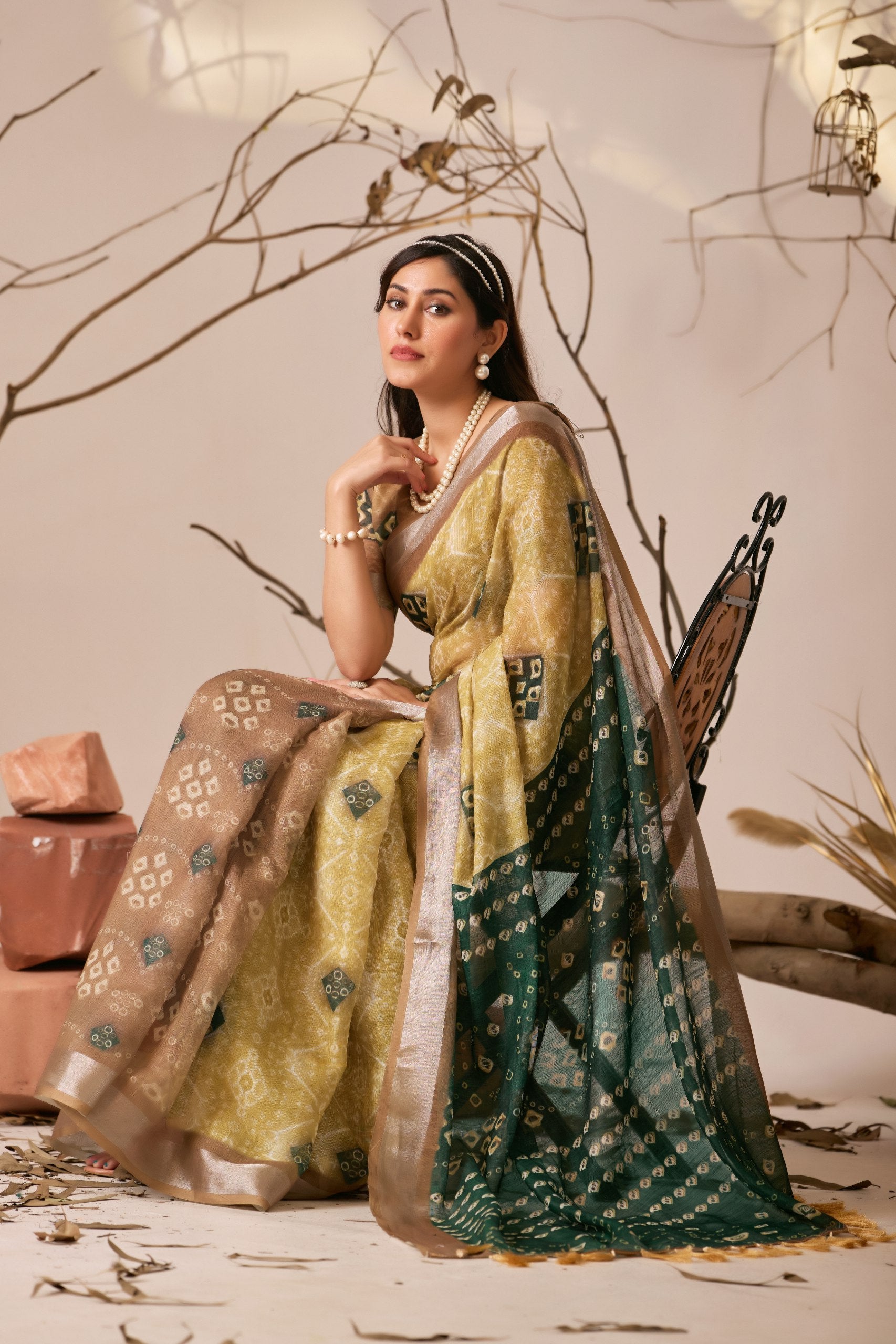 Premium Linen Cotton Saree with Traditional Patola & Ikat Style Digital Print with Classic Contrast Border