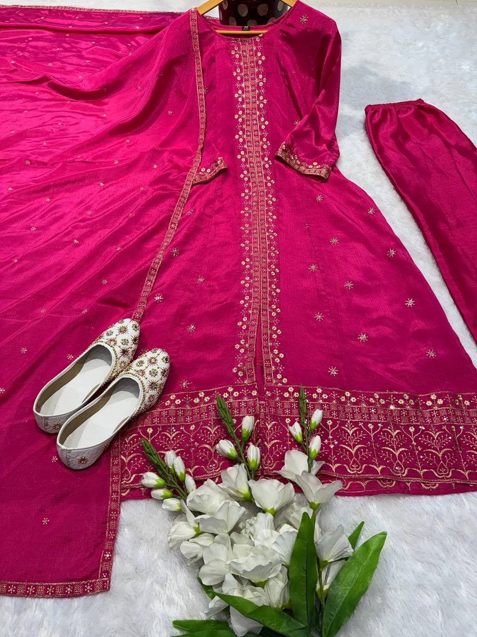 3-pair Anakrkali Suit Set you've described seems to be a party wear outfit made from have pure chinon  fabric with  sequence  embroidery work .(3-Pair)