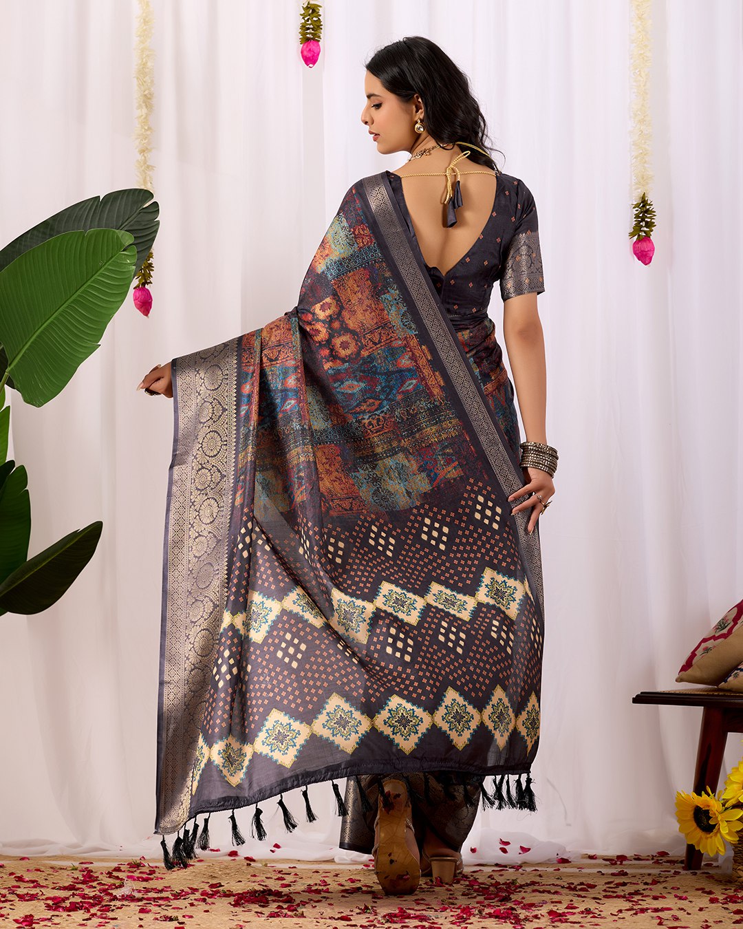 Elegant Soft Lichi Silk Saree with mesmerizing digital ethnic patterns and rich golden zari border — a perfect fusion of vintage artistry and modern luxury.