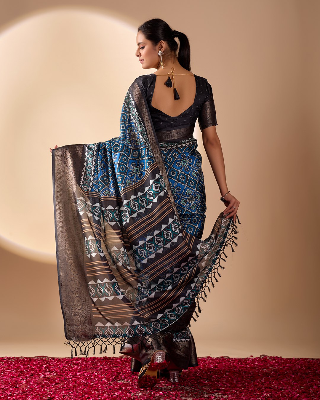 Exquisite Soft Lichi Silk Saree featuring elegant digital ethnic geometric designs paired with a luxurious copper zari border.