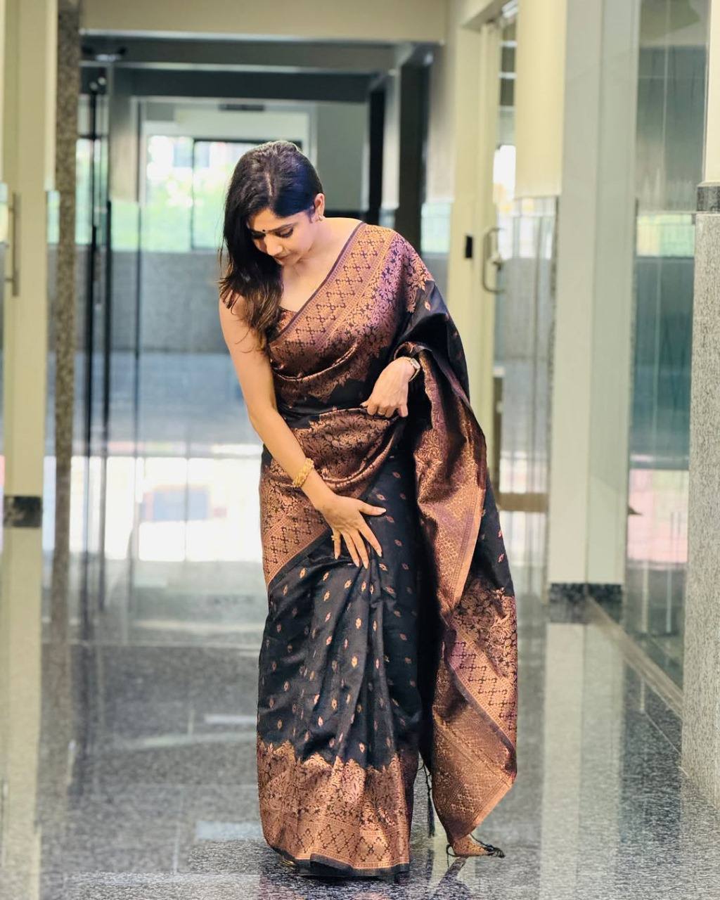 Black South Indian Saree in Soft Lichi Silk With Copper Zari Weaving and Blouse