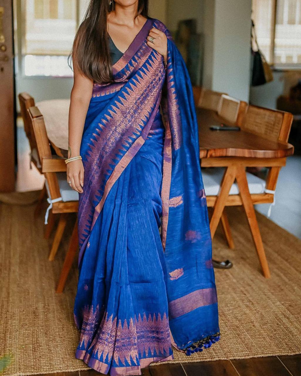Designer Royal Blue Cotton Silk Saree With Classic Blouse Piece