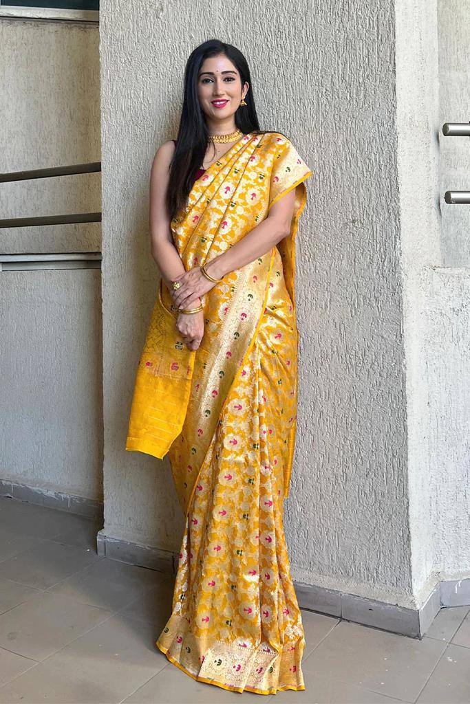 Mango Yellow Banarasi Silk Saree With Zari Weaving Work