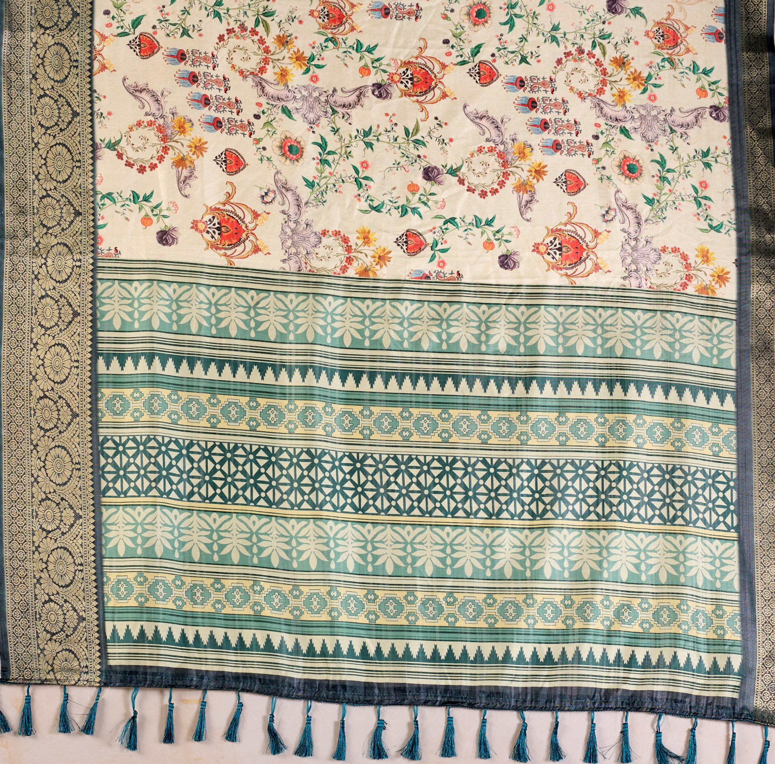 Premium Soft Lichi Silk Saree adorned with vibrant digital floral prints, complemented by a rich, intricately woven zari border — a perfect blend of luxury and tradition.