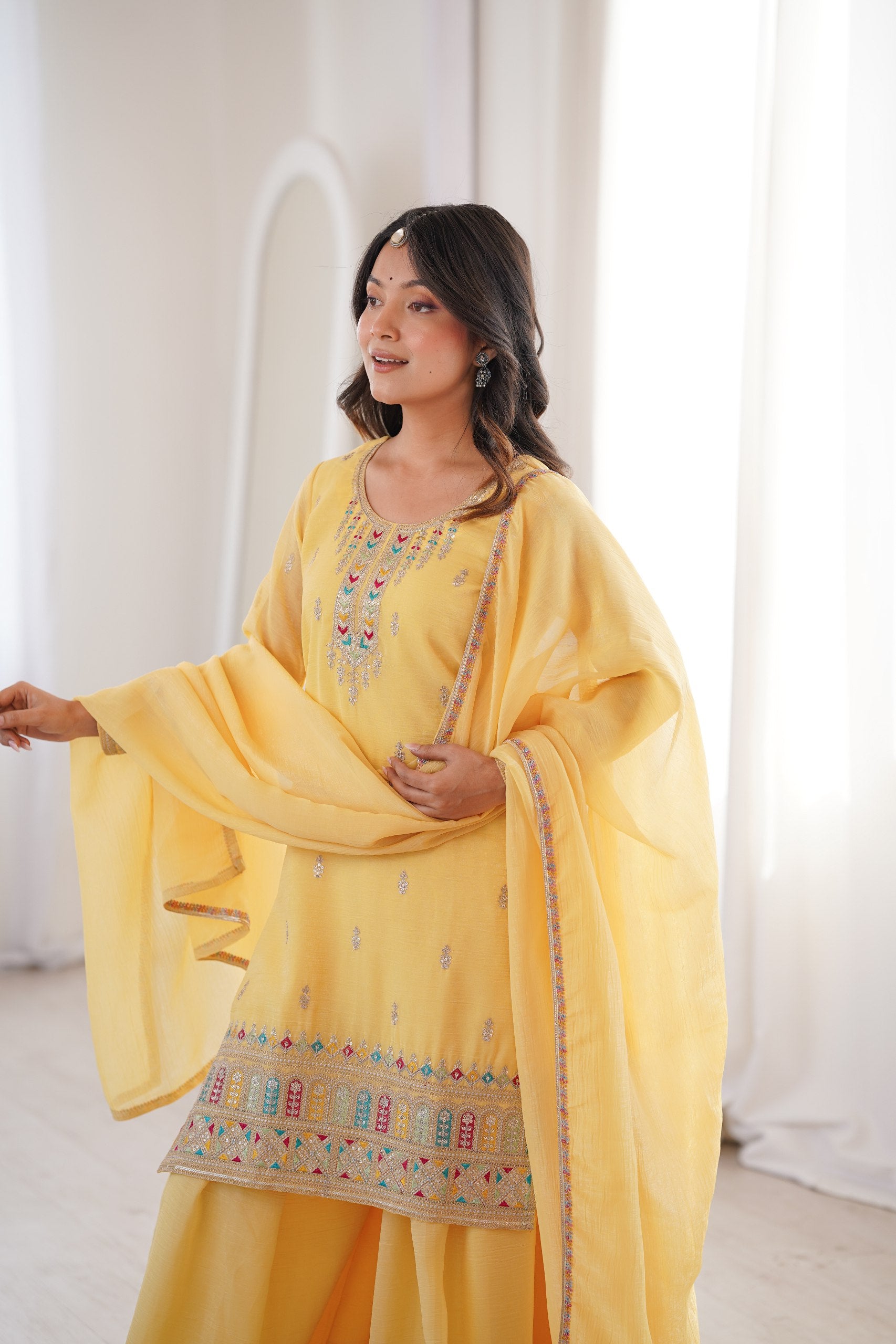 Elegant Crunchy Silk Kurta Sharara Set