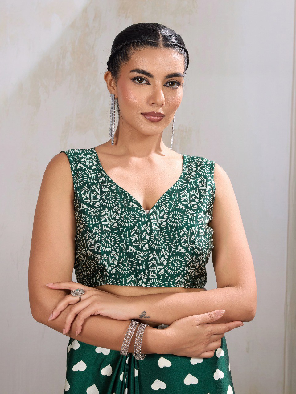 Pure Ajrakh modal satin fabric featuring traditional printed motifs with rich, earthy tones and a soft, breathable feel, perfect for all-day elegance.