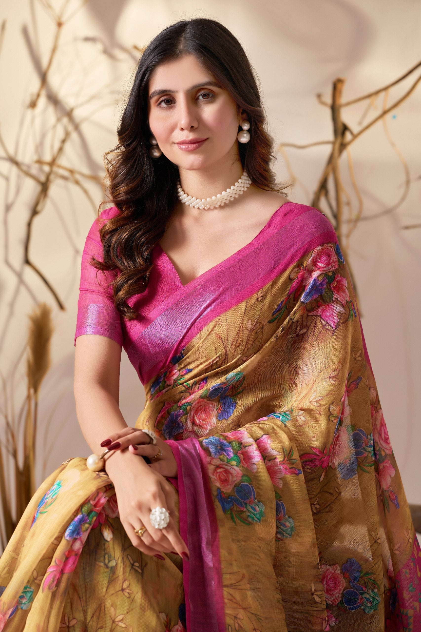 Premium Linen Cotton Saree with Graceful Digital Floral Print & Rich Patola Inspired Border Design