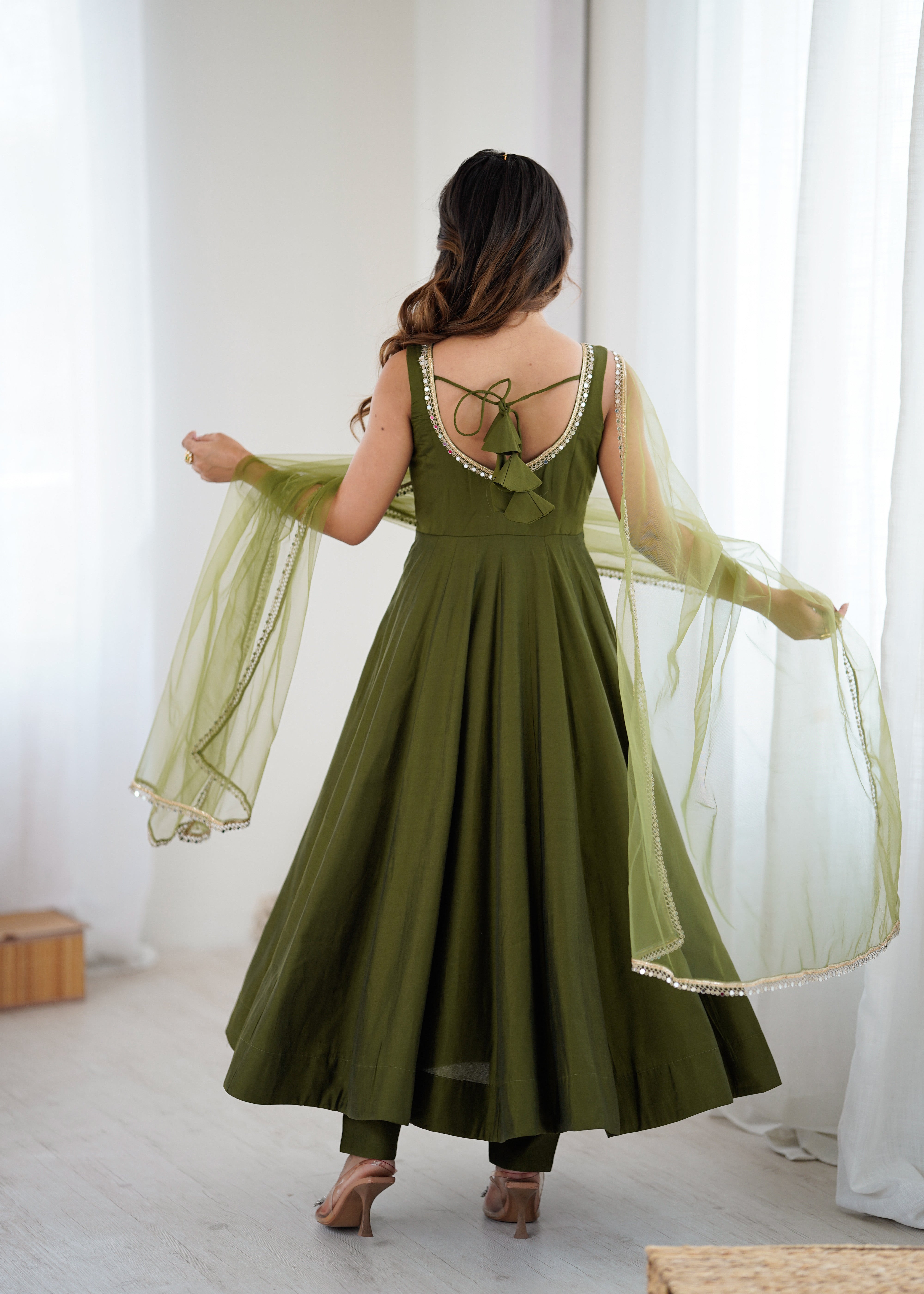 PURE ROMANSILK CHANDERI FABRIC FULLY FLAIR ANARKALI,WITH DUPPTA SET,PENT READY TO WEAR