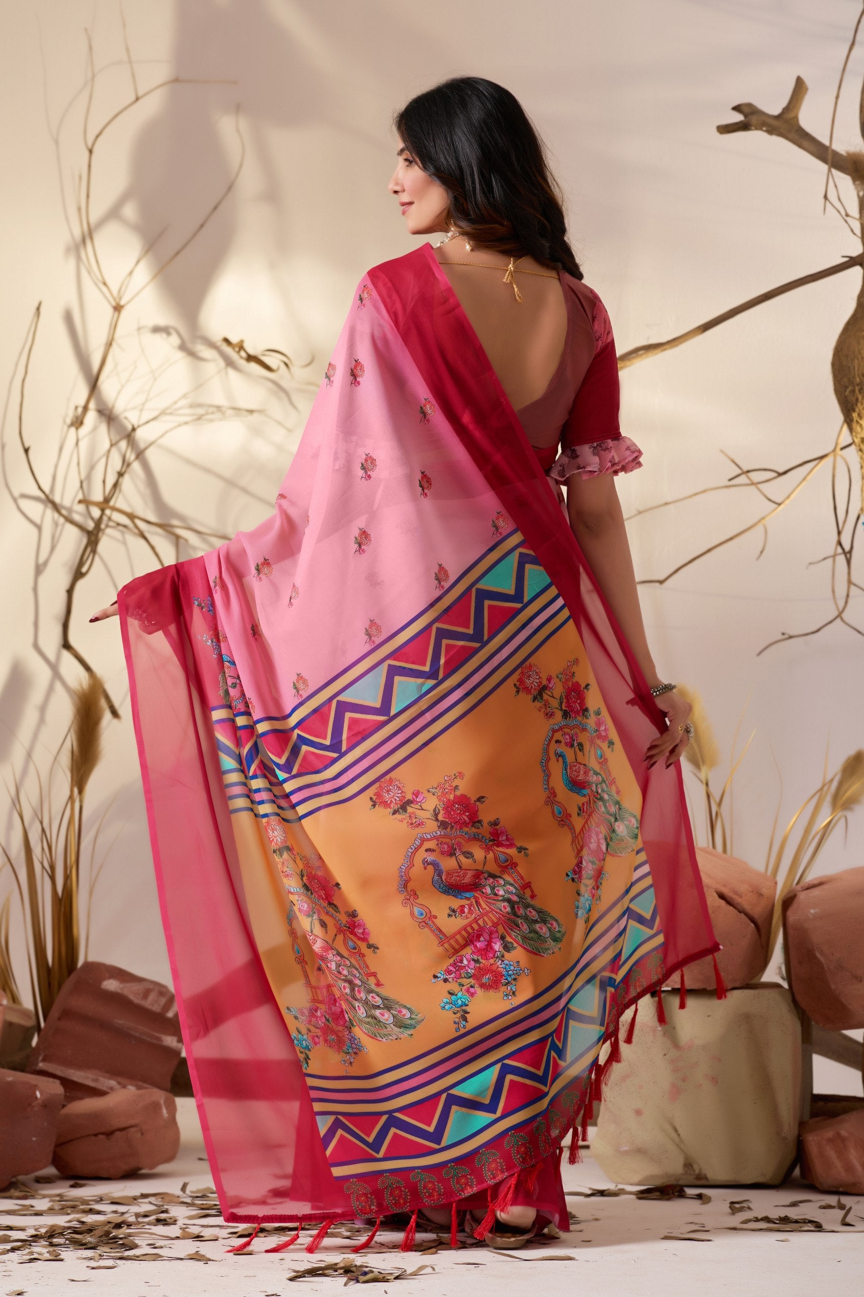 Soft Georgette Saree in Dual Pink Shades Accented with Delicate Floral Digital Printed sarees