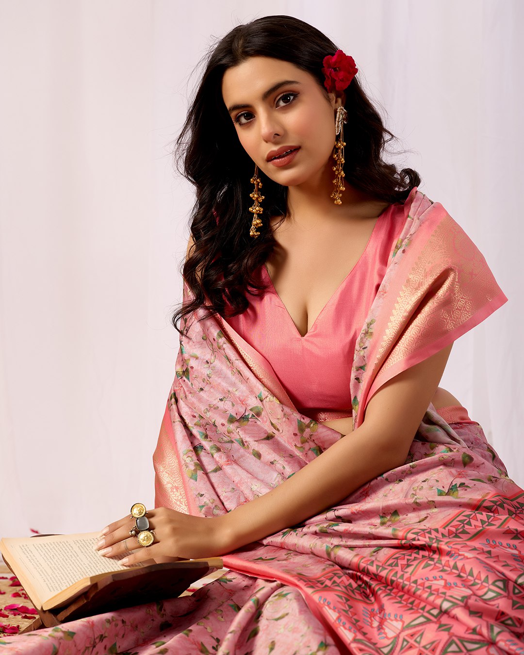 Premium Soft Lichi Silk Saree with a delicate floral print and a rich zari woven border, perfectly blending traditional elegance with modern grace.