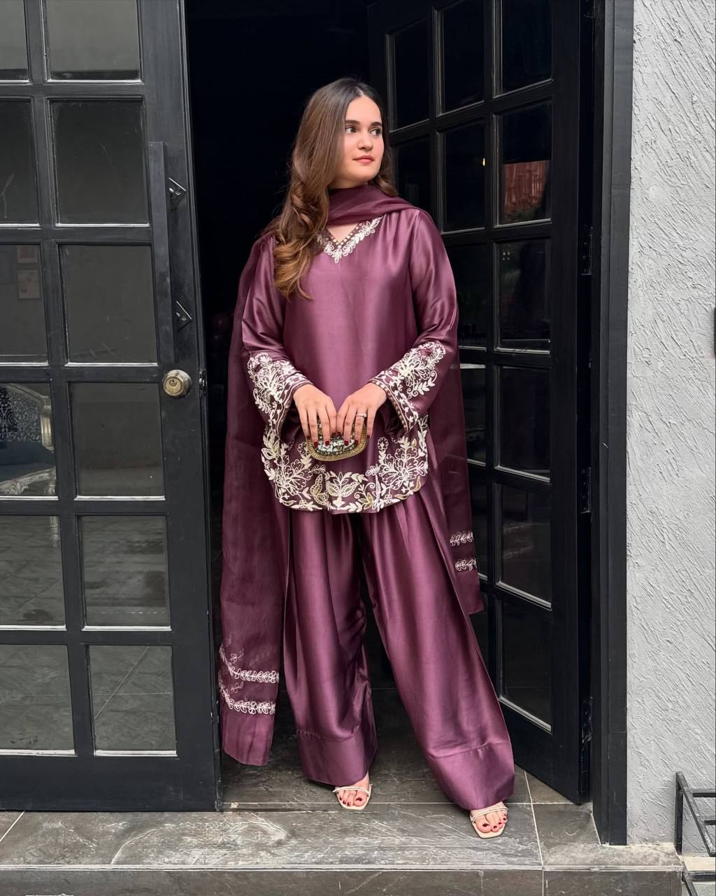 Turn heads at every function with this elegant Crepe Silk embroidered set — made to look rich, feel comfortable & fit perfectly