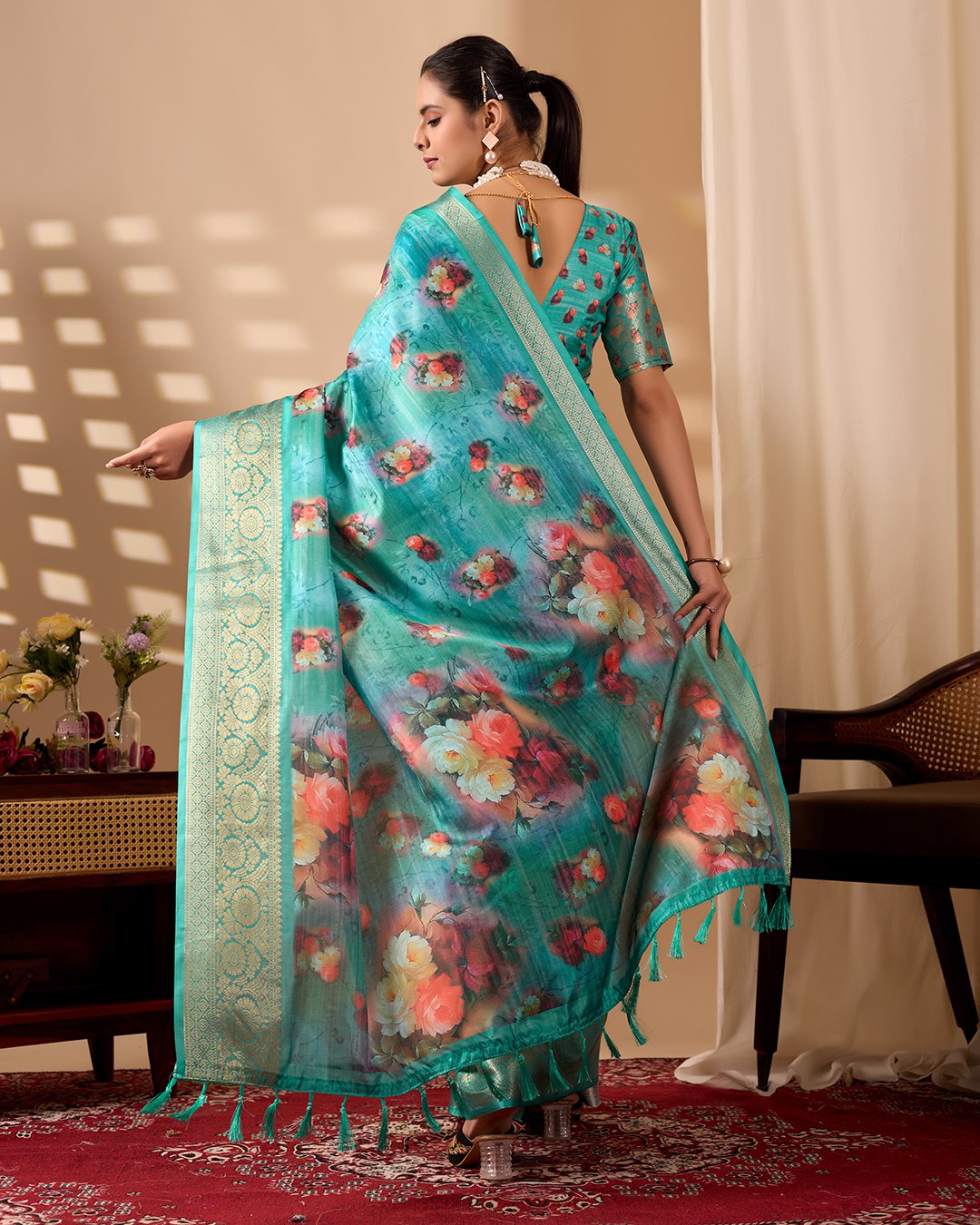 Elegant Soft Lichi Silk Saree adorned with digital floral patterns and a rich golden zari border.