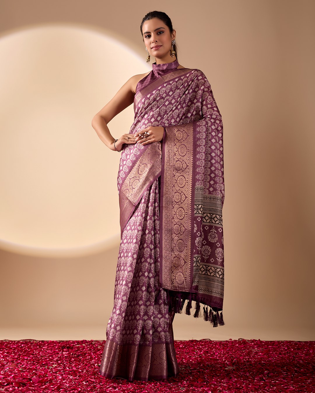 Regal Soft Lichi Silk Saree adorned with intricate digital ethnic weaving motifs and a luxurious golden zari border.
