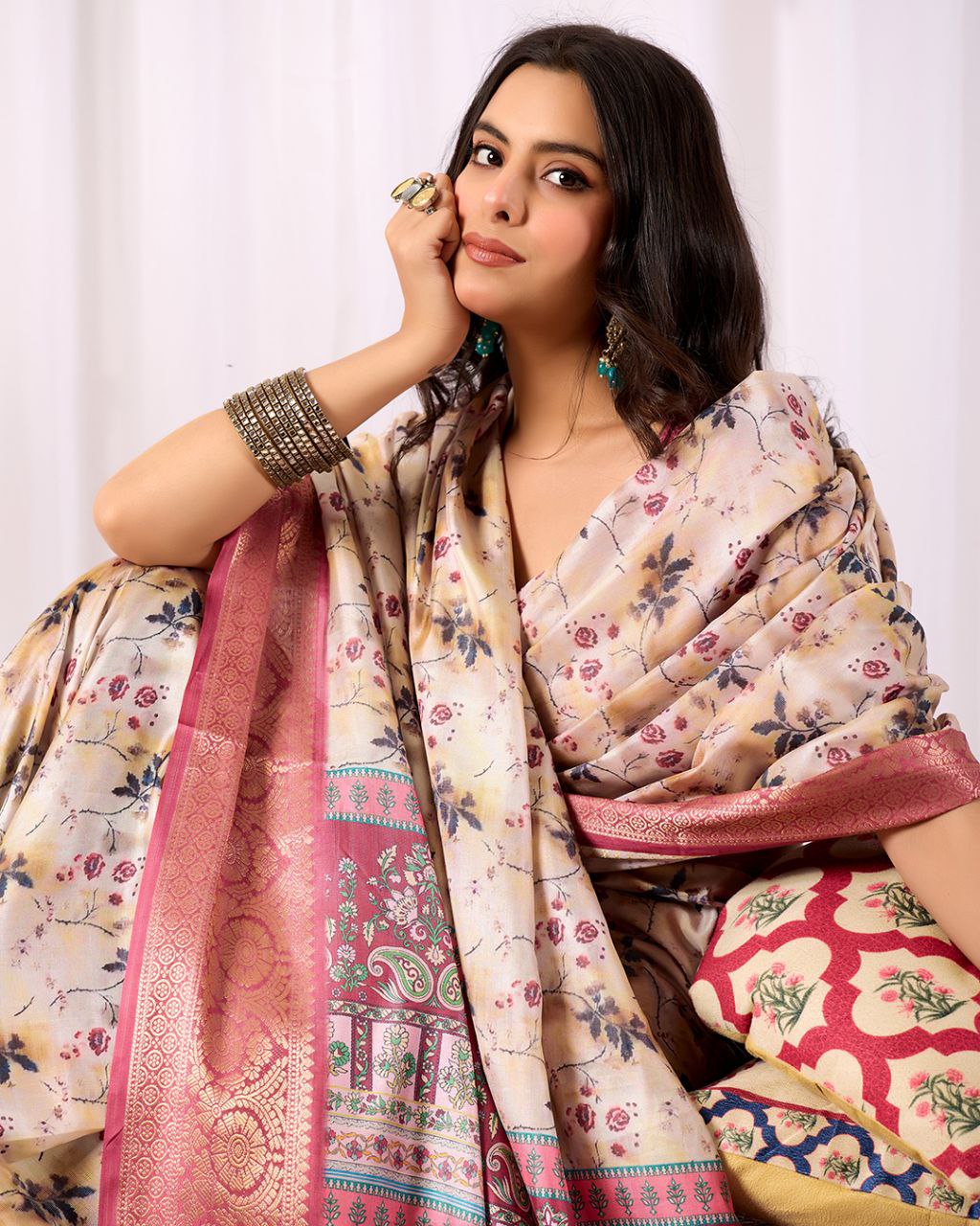 Premium Soft Lichi Silk Saree featuring mesmerizing floral digital prints beautifully enhanced with an elegant contrast zari woven border.