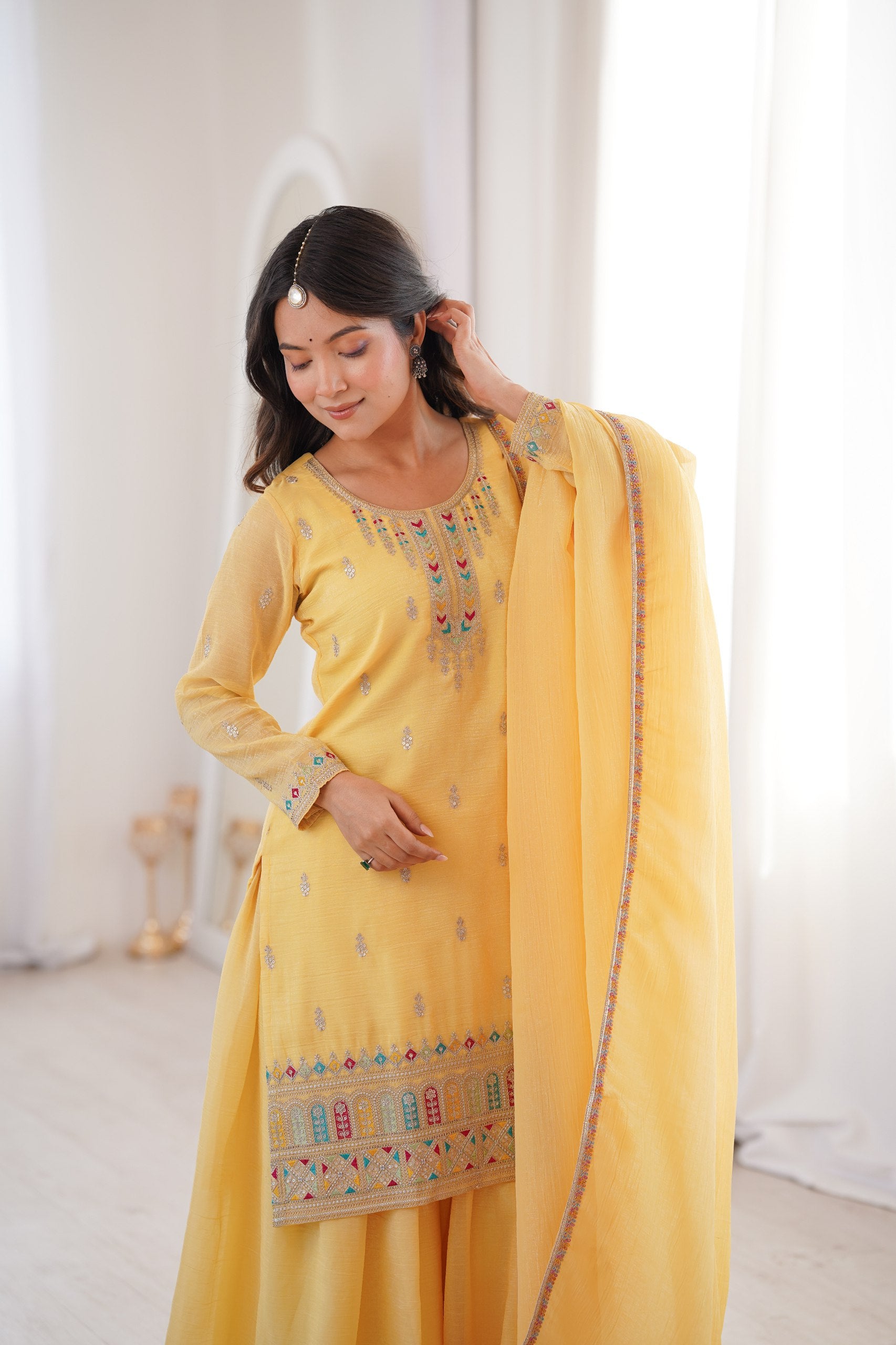 Elegant Crunchy Silk Kurta Sharara Set