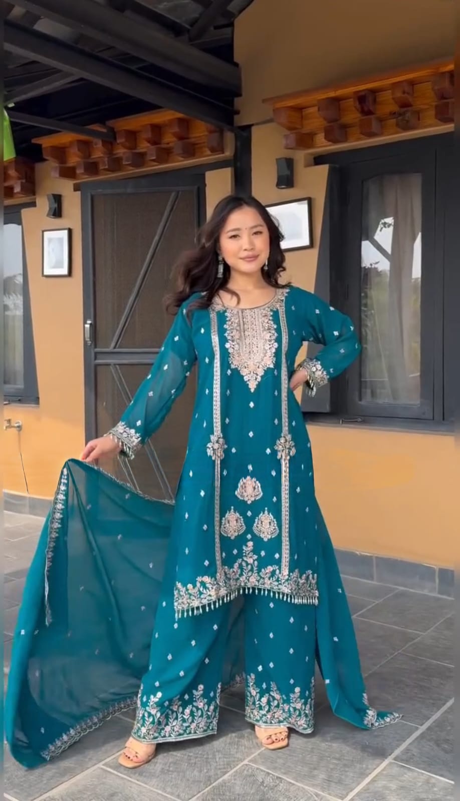 3-pair Suit Set you've described seems to be a party wear outfit made from have pure chinon  fabric with  sequence  embroidery work .(3-Pair)