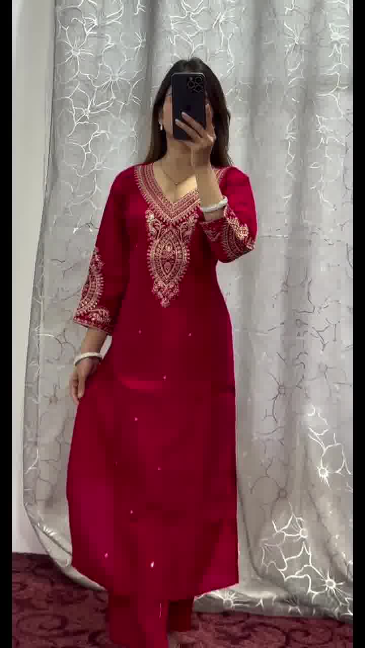 3-pair Suit Set you've described seems to be a party wear outfit made from have pure chinon  fabric with  sequence  embroidery work .(3-Pair)