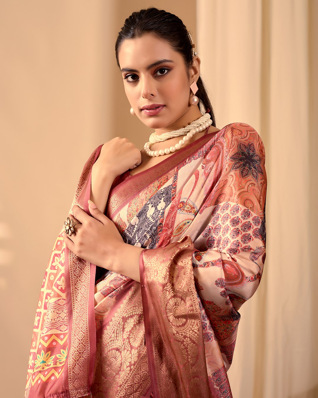 Premium Soft Lichi Silk Saree in an Elegant Peach & Multicolor Shade, beautifully adorned with Traditional and Artistic Digital Prints.