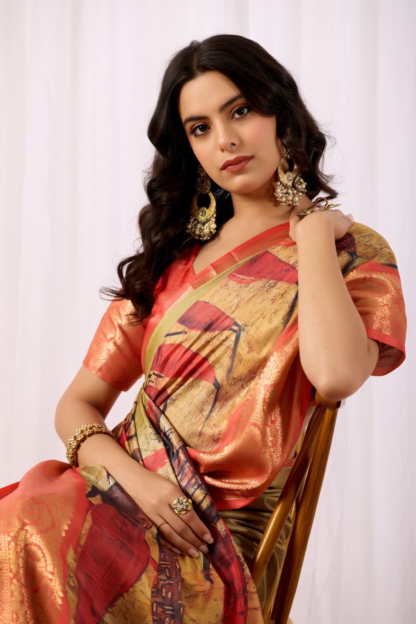 Soft Lichi Silk Saree with Elegant Tribal Art Print and Rich Zari Border