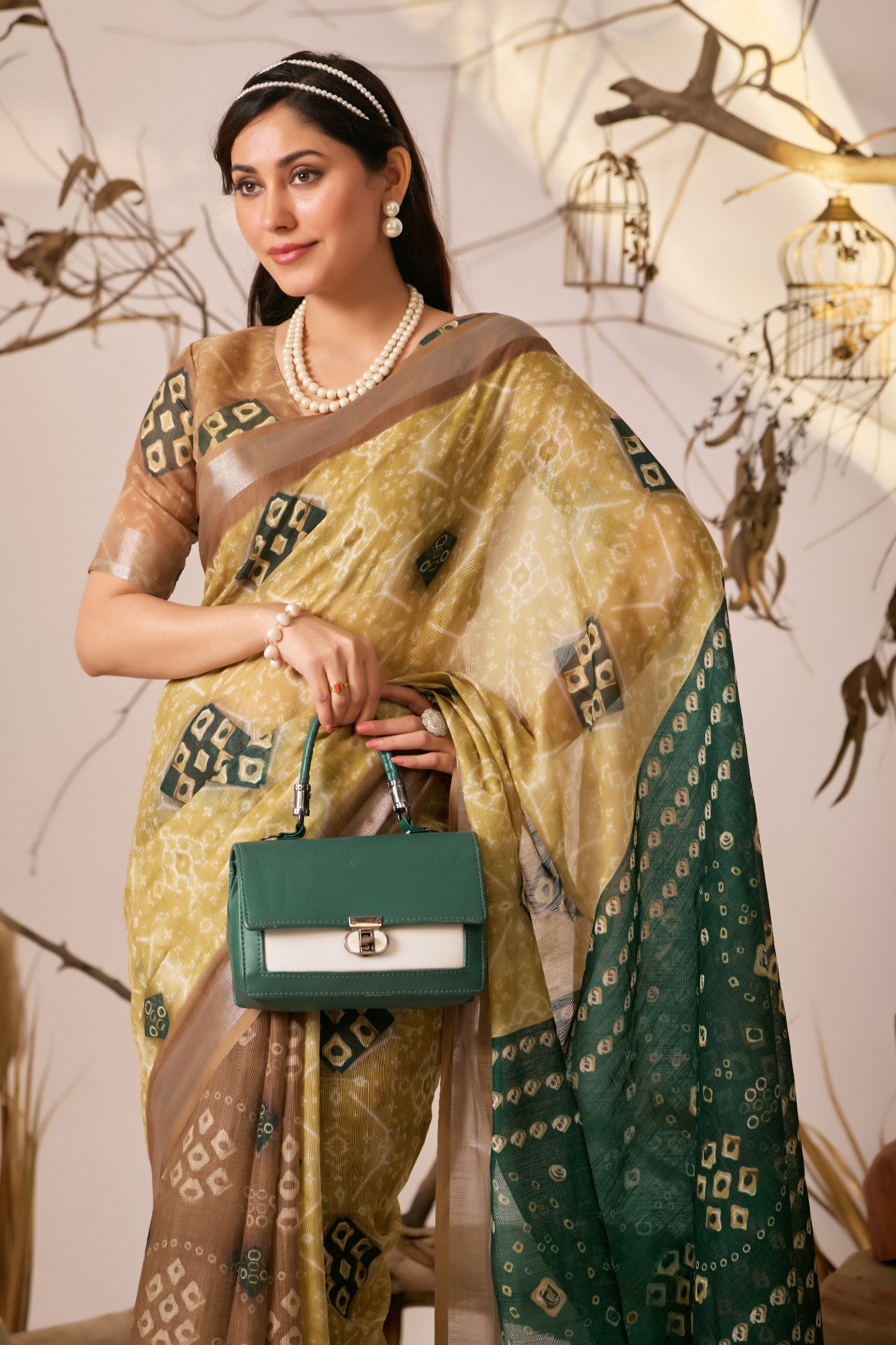 Premium Linen Cotton Saree with Traditional Patola & Ikat Style Digital Print with Classic Contrast Border