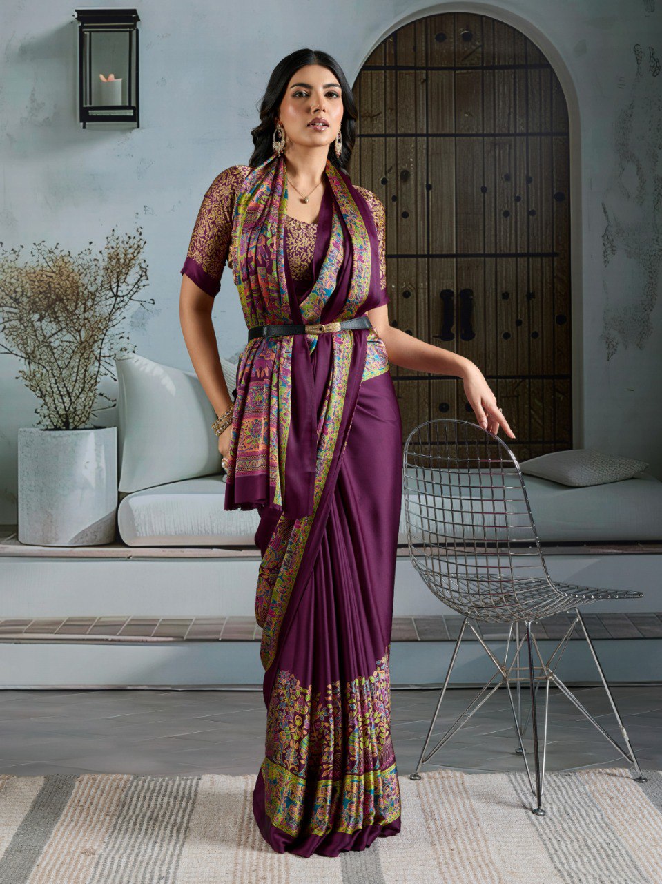 Pure Ajrakh modal satin fabric featuring traditional printed motifs with rich, earthy tones and a soft, breathable feel, perfect for all-day elegance.