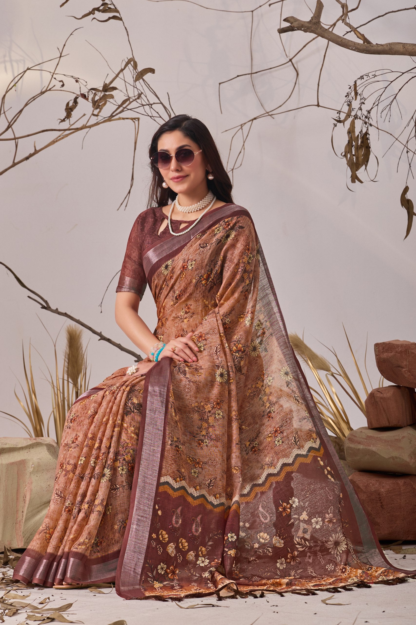 Linen Cotton Saree with Elegant Digital Floral & Traditional Woven-Style Print