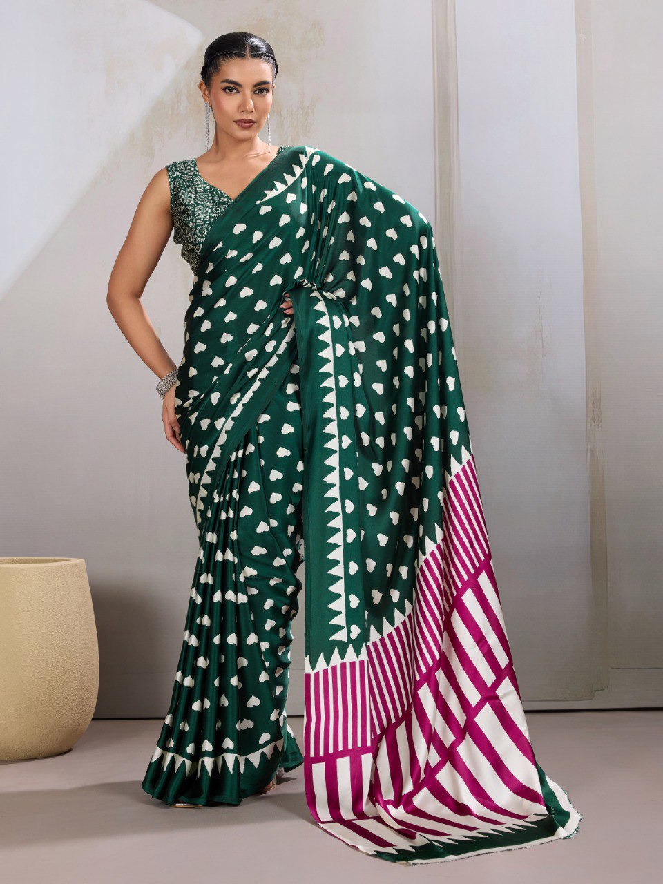 Pure Ajrakh modal satin fabric featuring traditional printed motifs with rich, earthy tones and a soft, breathable feel, perfect for all-day elegance.