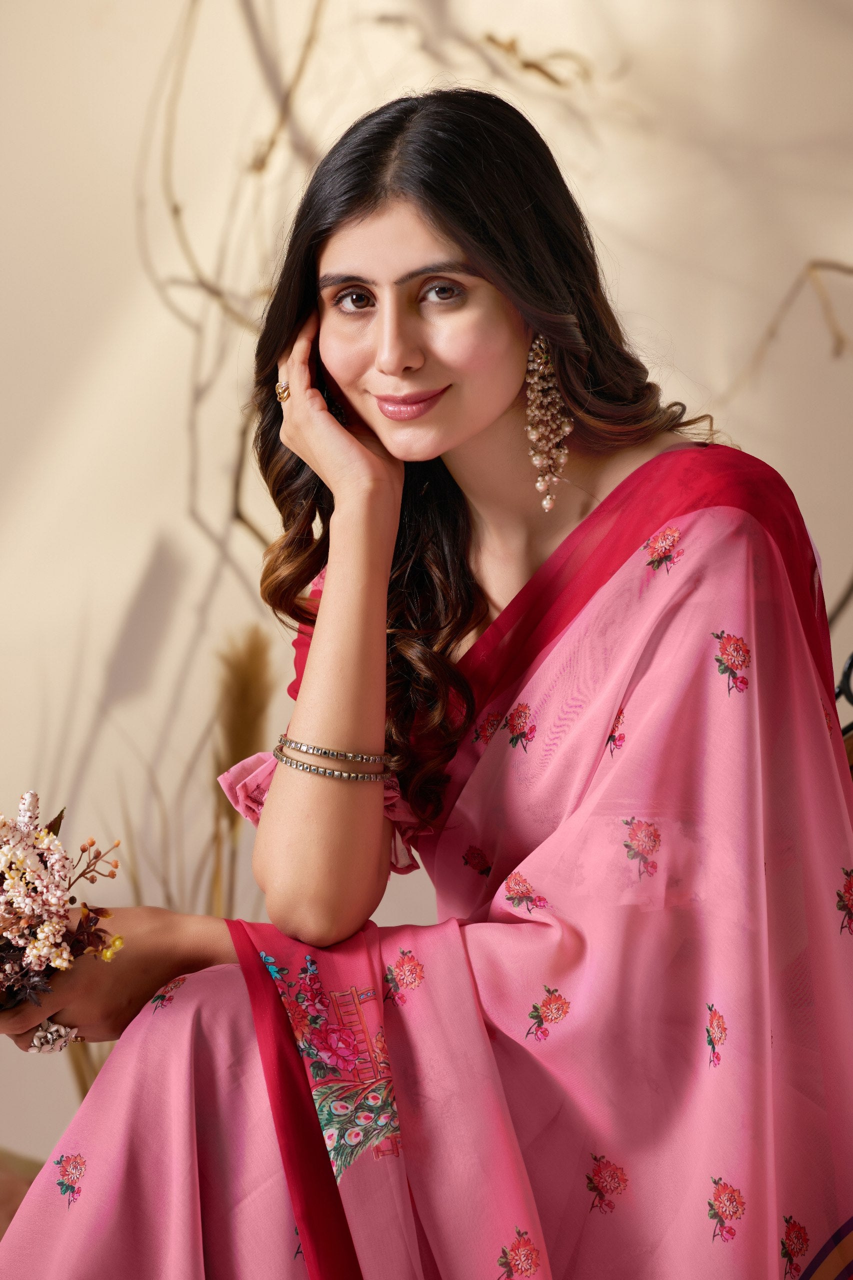 Soft Georgette Saree in Dual Pink Shades Accented with Delicate Floral Digital Printed sarees